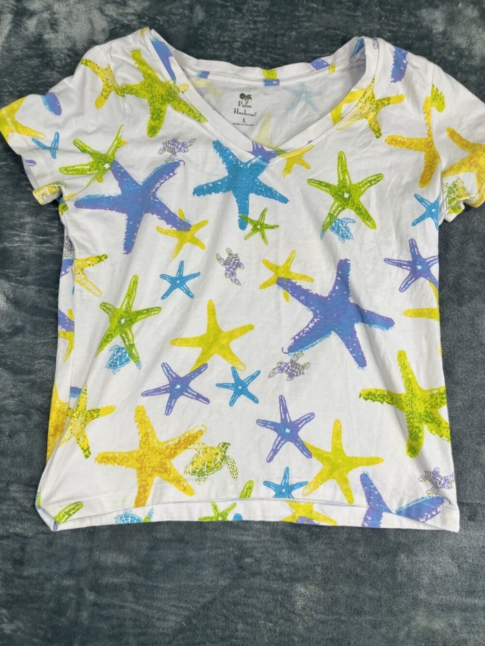 Palm Harbour Womens White Starfish Turtle Print V-Neck T-Shirt Large